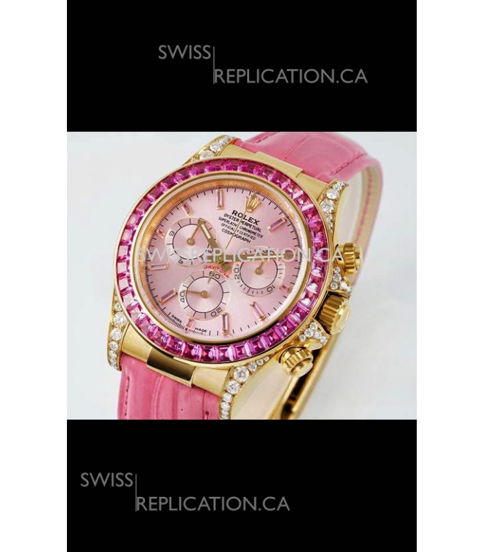 Rolex Daytona 116568 Yellow Gold 4801 Movement Sapphires Pink Dial Super Clone Watch 