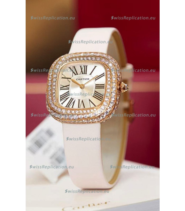 Coussin De Cartier Rose Gold Swiss Replica Watch White Strap 