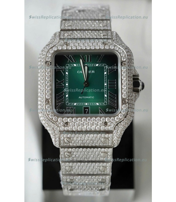 Santos De Cartier Watch in Green Dial MOSSANITES Paved Edition Swiss Replica Watch