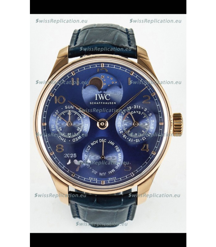 IWC Super Clone Portuguese Perpetual Calendar Rose Gold Blue Dial Replica Watch 