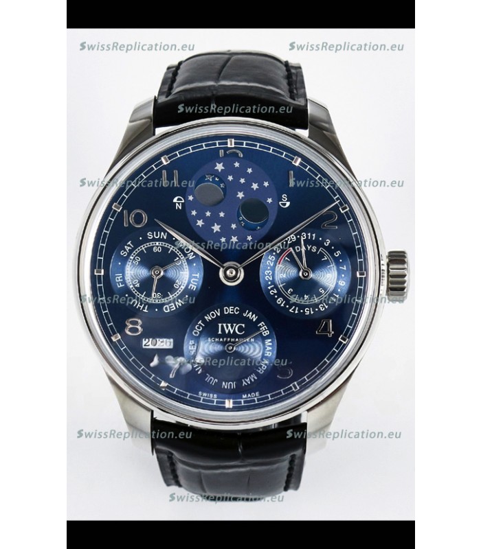 IWC Super Clone Portuguese Perpetual Calendar Stainless Steel Blue Dial Replica Watch 