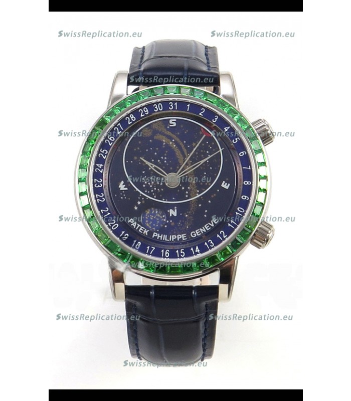 Patek Philippe Grand Complications 6102 Blue Dial Green Diamonds Swiss Replica Watch 