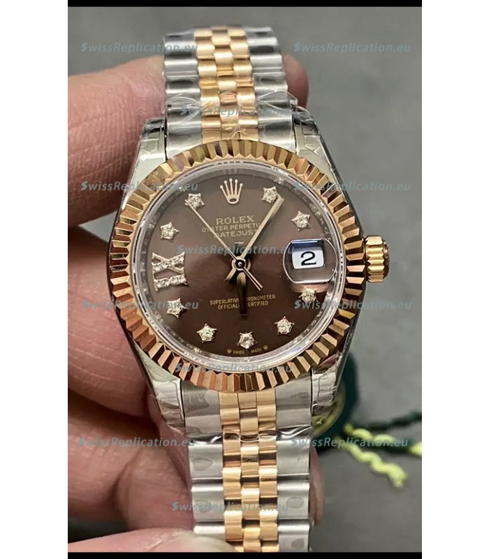 Rolex Datejust Super Clone Brown Dial 2 Tone Rose Gold Watch 28MM