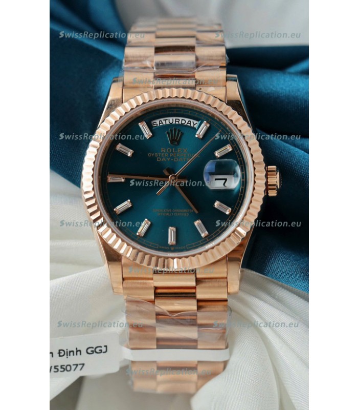 Rolex Day Date Super Clone Rose Gold Blue Dial Crystal Numerals Watch 36MM - 1:1 Mirror Quality