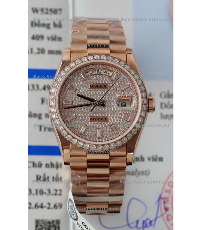 Rolex Day Date Super Clone Rose Gold Plated Custom Modified Diamonds Paved Watch