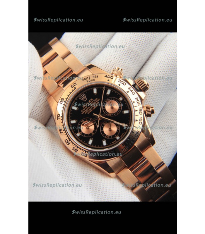 Rolex Daytona Japanese Movement Gold Casing Replica Watch in Black Dial