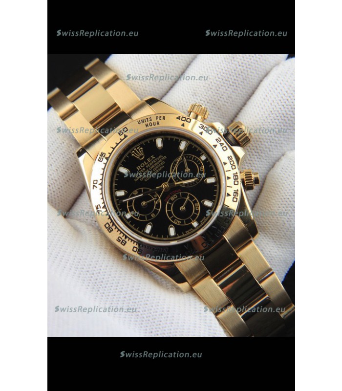 Rolex Daytona Japanese Movement Gold Casing Replica Watch in Black Dial 