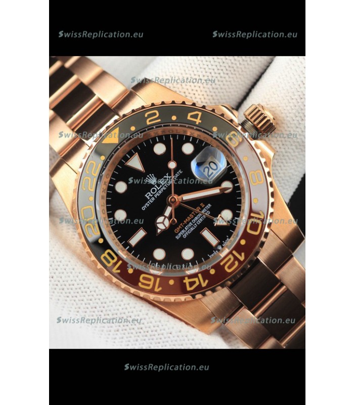 Rolex GMT Masters II Rose Gold Plating Japanese Replica Watch Black Dial