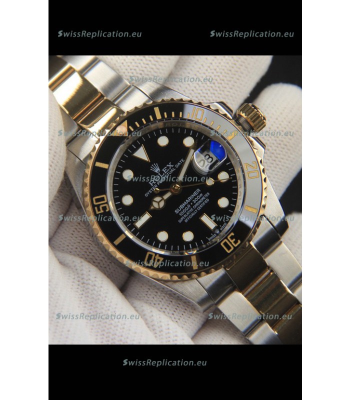 Rolex Submariner Japanese Replica Watch 904L 2 Tone Yellow Gold - Ceramic Bezel in Black