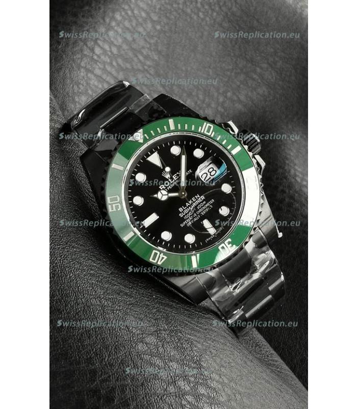 Rolex Submariner Blaken DLC Coated Swiss Replica Watch in Green Bezel