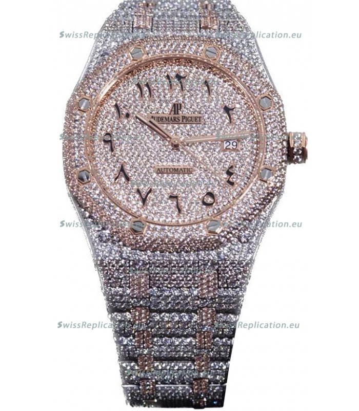 Audemars Piguet Royal Oak 15400 Iced Out Arabic Dial in Two Tone Rose Gold Casing Swiss Replica Watch