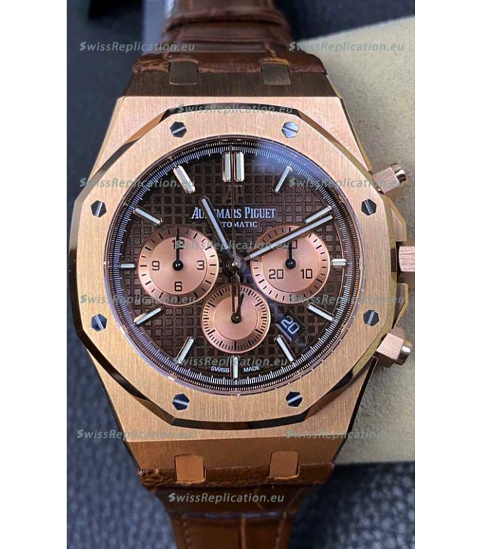 Audemars Piguet Royal Oak Chronograph Rose Gold Brown Dial Leather Strap Swiss Replica Watch