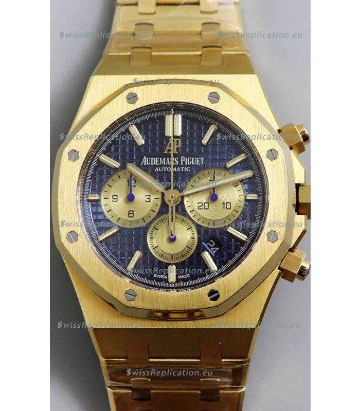Audemars Piguet Royal Oak Chronograph Yellow Gold Blue Dial Steel Strap Swiss Replica Watch
