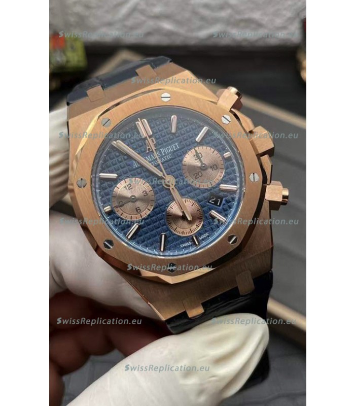 Audemars Piguet Royal Oak Chronograph Rose Gold Blue Dial Leather Strap Swiss Replica Watch