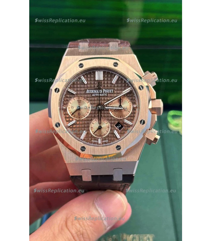 Audemars Piguet Royal Oak Chronograph Rose Gold Brown Dial Leather Strap Swiss Replica Watch