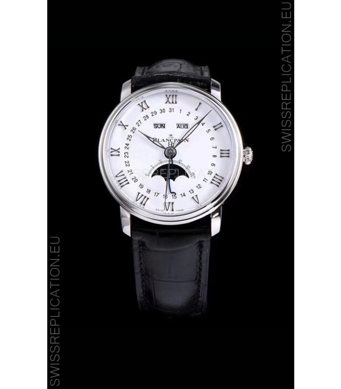 Blancpain "Villeret Quantième Complet" 904L Steel Swiss Watch in White Dial