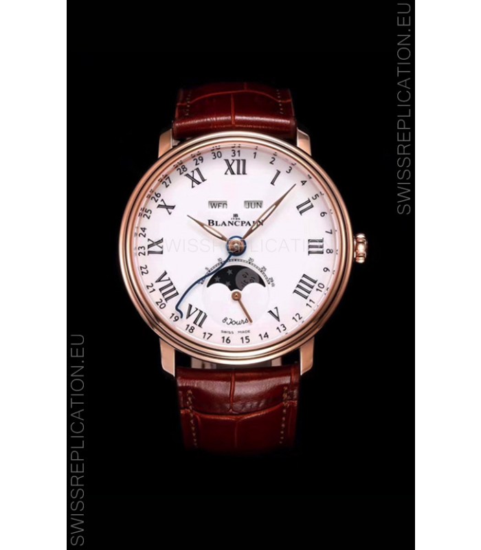 Blancpain "Villeret Quantième Complet" 904L Steel Rose Gold Watch in White Dial