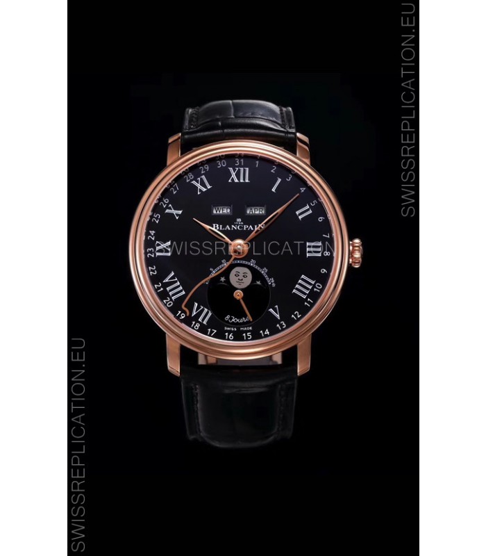 Blancpain "Villeret Quantième Complet" 904L Steel Rose Gold Watch in Black Dial