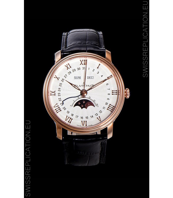 Blancpain "Villeret Quantième Complet" 904L Steel Rose Gold Watch in White Dial