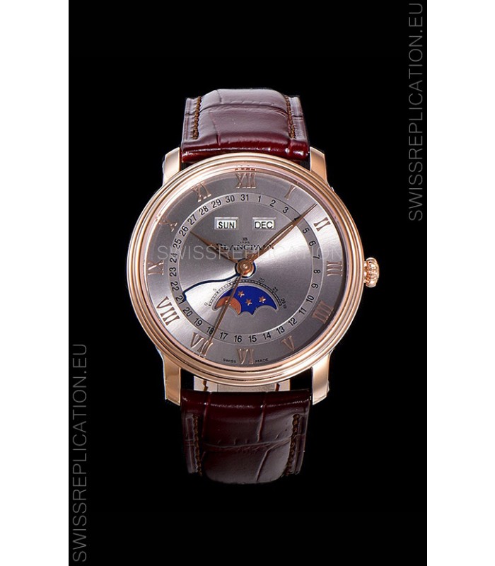 Blancpain "Villeret Quantième Complet" 904L Steel Rose Gold Watch in Grey Dial