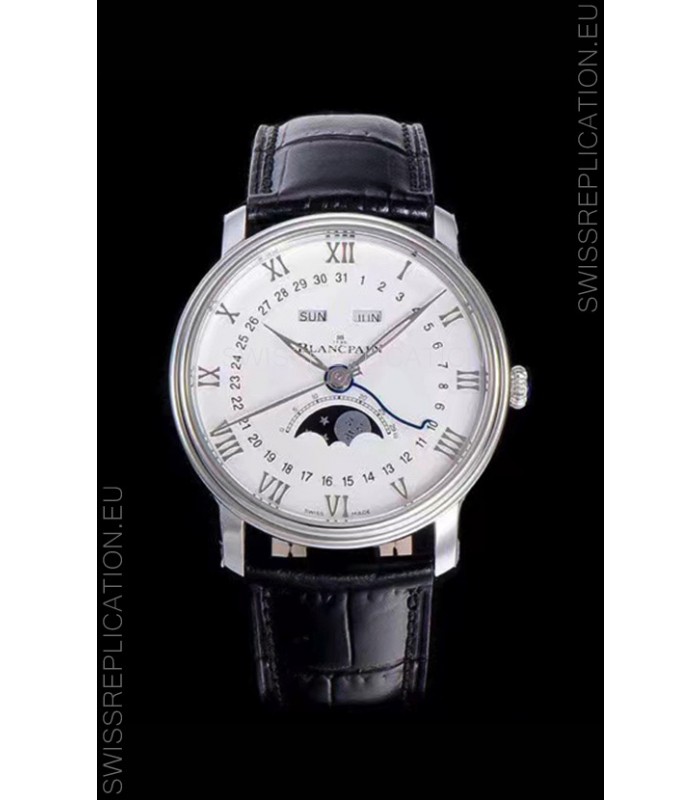 Blancpain "Villeret Quantième Complet" 904L Steel Swiss Watch in Off-White Dial