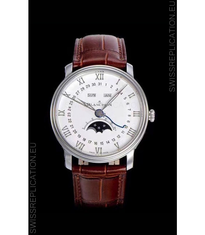 Blancpain "Villeret Quantième Complet" 904L Steel Swiss Watch in Off-White Dial