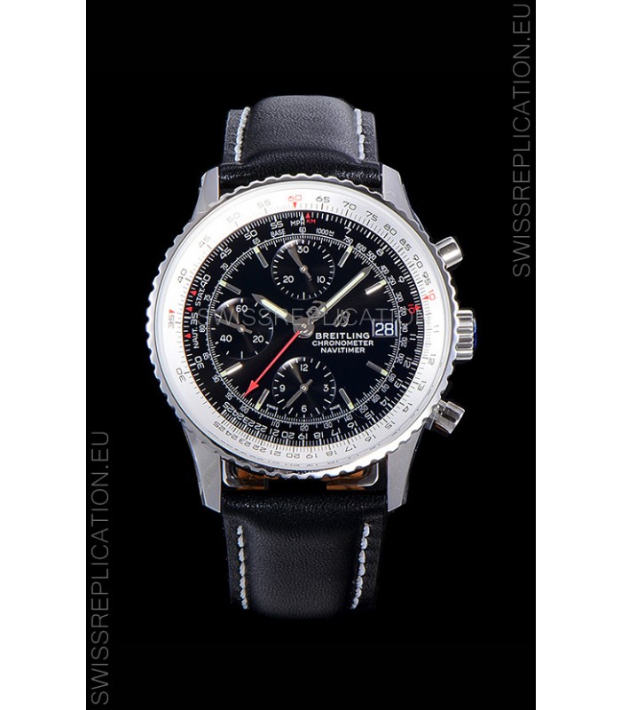 Breitling Navitimer 1 Chronograph 41MM Swiss Watch Black Dial in 904L Steel - Leather Strap