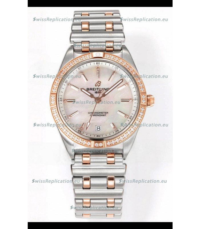Breitling Chronomat 36MM 2 Tone Rose Gold Casing 1:1 Mirror Replica Watch Pearl Dial