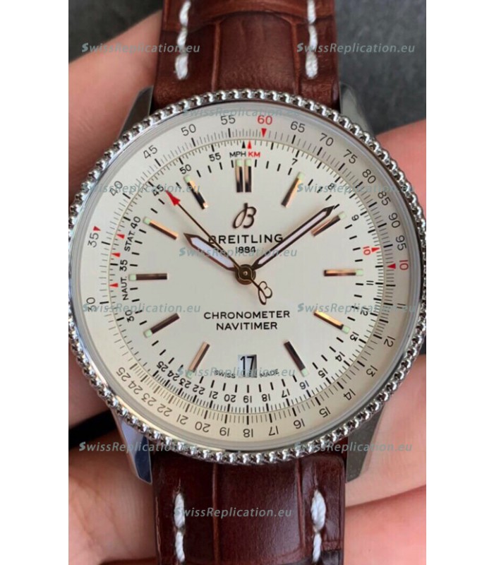 Breitling Navitimer 1 Automatic Swiss Replica Watch in White Dial - Brown Leather Strap