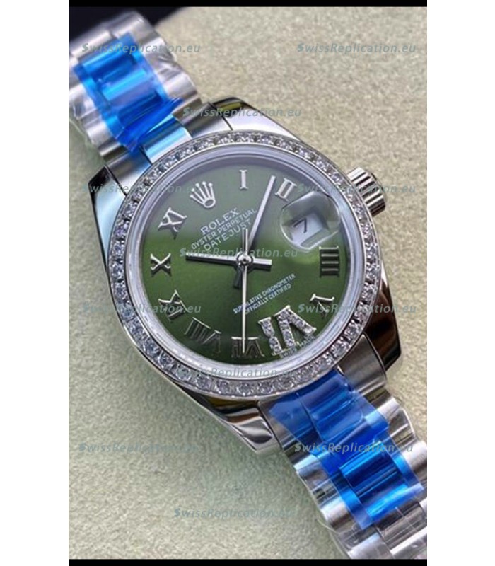 Rolex Datejust 28MM Swiss Replica in 904L Steel in Green Dial - 1:1 Mirror Replica