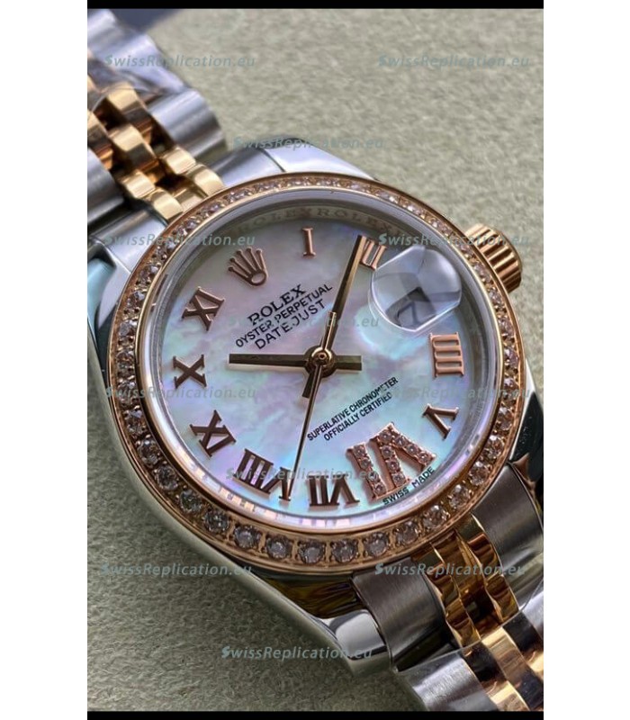 Rolex Datejust 28MM Swiss Replica in 904L Rose Gold Two Tone Case in Pearl Dial - 1:1 Mirror Replica