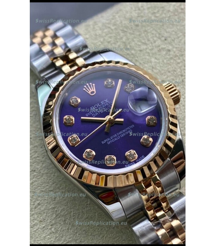 Rolex Datejust 28MM Swiss Replica in 904L Rose Gold Two Tone Case in Purple Dial - 1:1 Mirror Replica