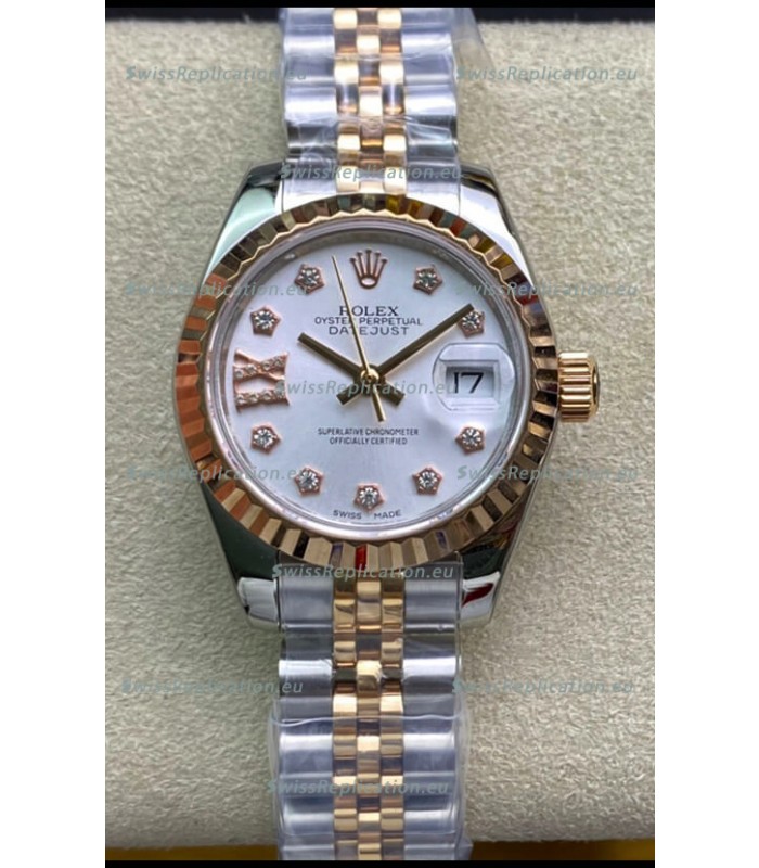 Rolex Datejust 28MM Swiss Replica in 904L Steel 2 Tone Rose Gold in White Dial - 1:1 Mirror Replica