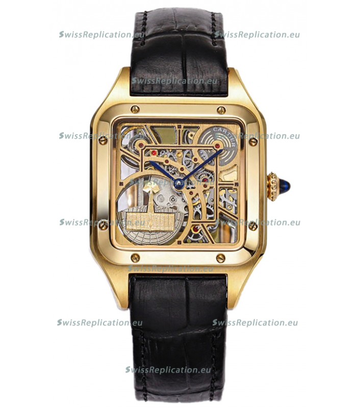 Cartier Santos Dumont Skeleton Yellow Gold Watch in Black Leather Strap 43.5MM