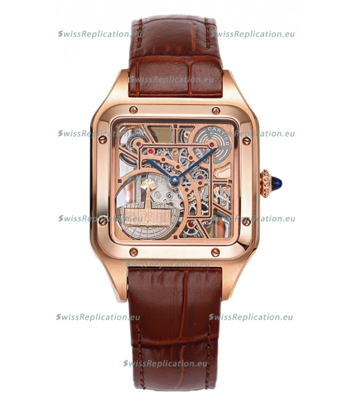 Cartier Santos Dumont Skeleton Rose Gold Watch in Brown Leather Strap 43.5MM