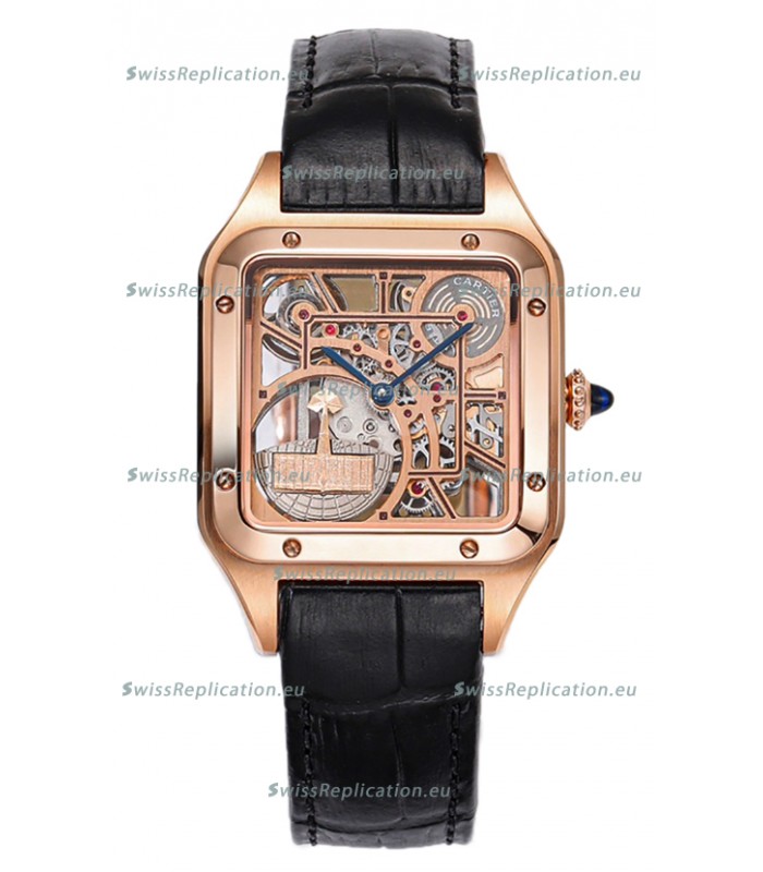 Cartier Santos Dumont Skeleton Rose Gold Watch in Black Leather Strap 43.5MM