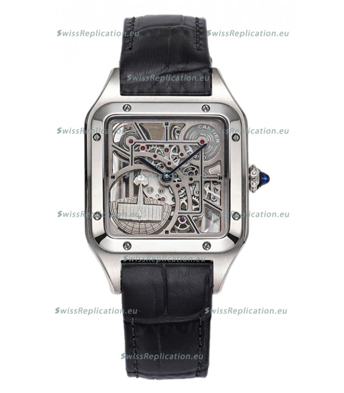 Cartier Santos Dumont Skeleton Stainless Steel Watch in Black Leather Strap 43.5MM