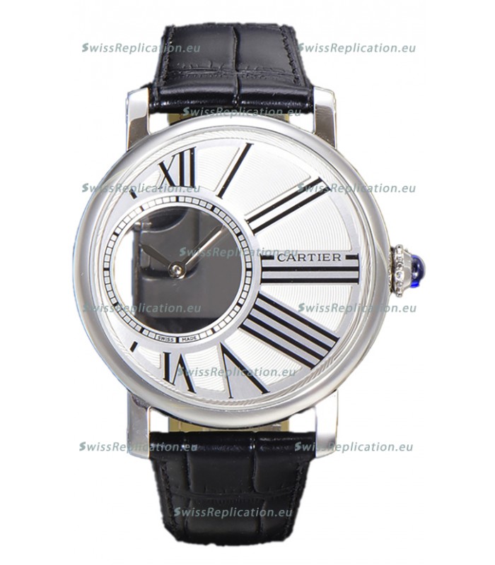 Rotonde De Cartier in Stainless Steel Casing - Leather Strap Swiss Quartz Replica Watch 