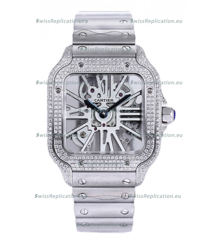 Santos De Cartier Watch in Skeleton Dial - Diamonds Bezel in Steel Casing & Strap Swiss Replica