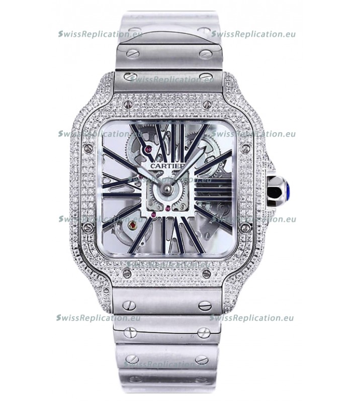 Santos De Cartier Watch in Skeleton Dial - Diamonds Bezel in Steel Casing Swiss Replica