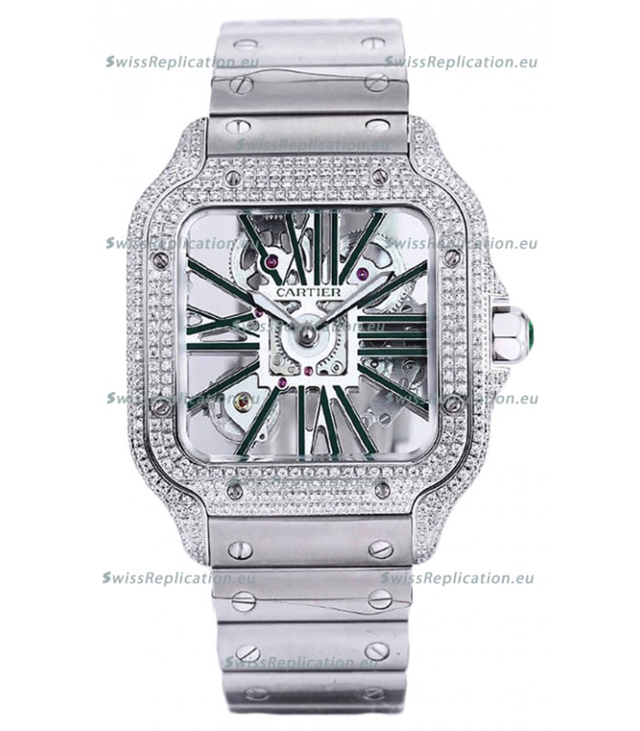Santos De Cartier Watch in Skeleton Dial - Diamonds Bezel in Steel Casing Swiss Replica