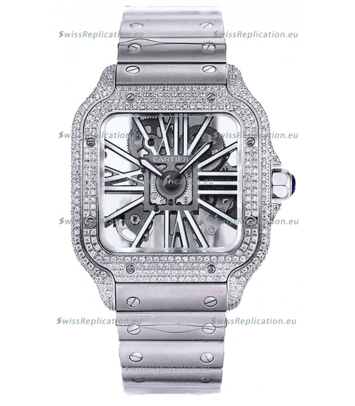 Santos De Cartier Watch in Skeleton Dial - Diamonds Bezel in Steel Casing Swiss Replica