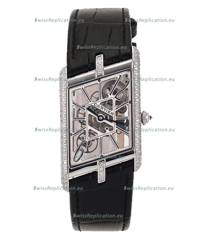 Cartier Tank Asymétrique Stainless Steel Casing Diamonds Bezel Watch in Leather Strap Swiss Replica