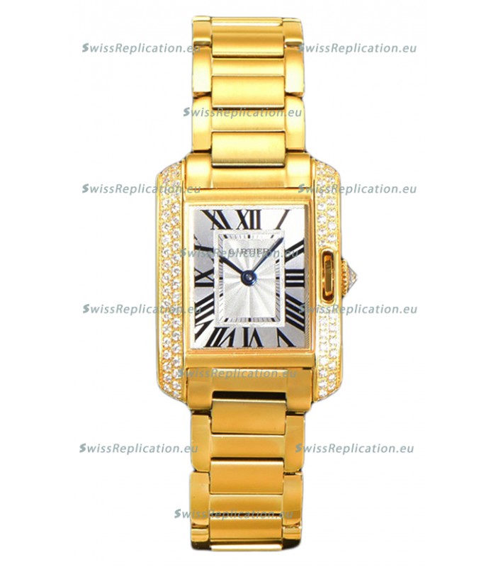 Cartier Tank Anglaise Yellow Gold Watch in Steel Strap Diamonds Bezel Swiss Quartz Watch 30MM