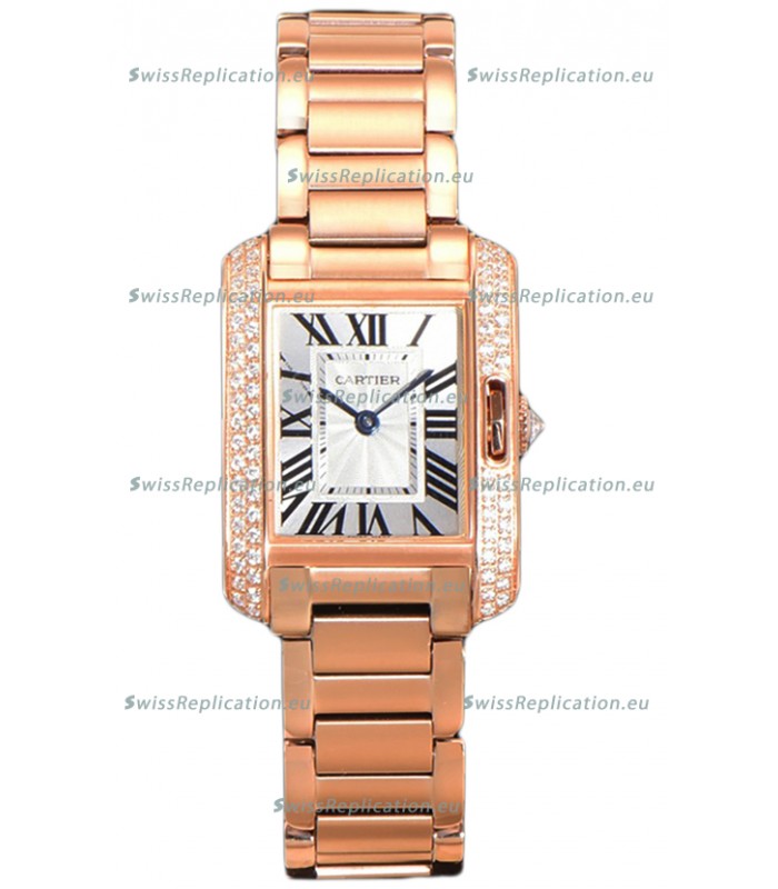 Cartier Tank Anglaise Rose Gold Watch in Steel Strap Diamonds Bezel Swiss Quartz Watch 30MM
