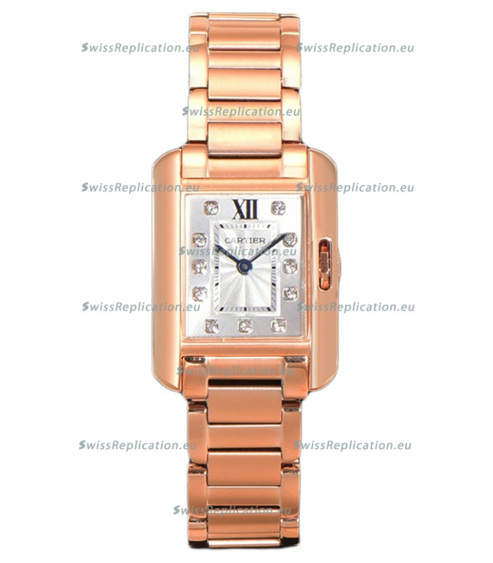 Cartier Tank Anglaise Rose Gold Watch in Steel Strap Diamonds Markers Swiss Quartz Watch 30MM
