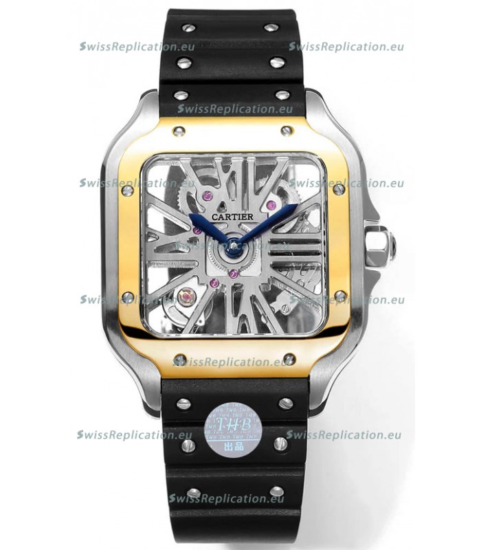 Santos De Cartier Watch in Skeleton Dial - Two Tone Bezel in Rubber Strap 