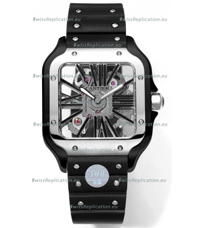 Santos De Cartier Watch in Skeleton Dial - DLC Coated Casing & Steel Strap in Rubber Strap