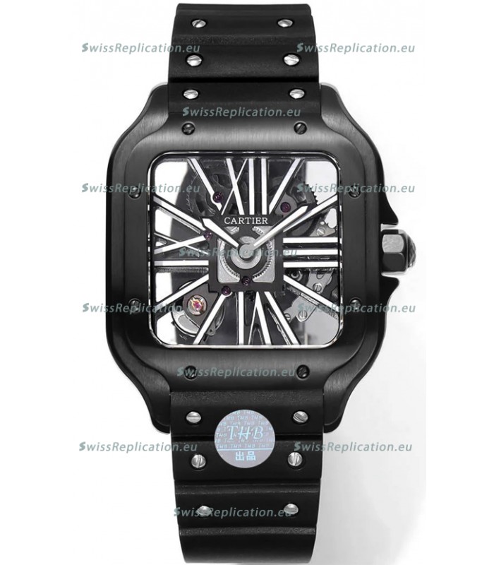 Santos De Cartier Watch in Skeleton Dial - DLC Coated Casing & Bezel in Rubber Strap