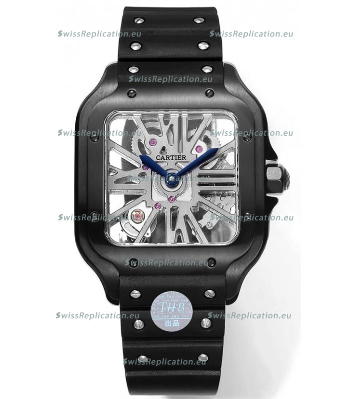 Santos De Cartier Watch in Skeleton Dial - DLC Coated Casing in Rubber Strap